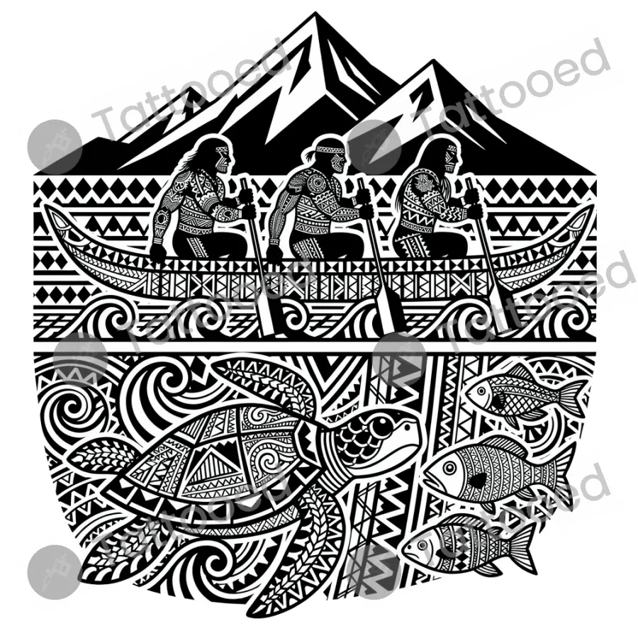 Polynesian Ocean Voyager Scene, blackwork tattoo flash design