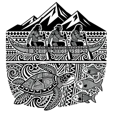 Polynesian Ocean Voyager Scene, Blackwork tattoo flash design
