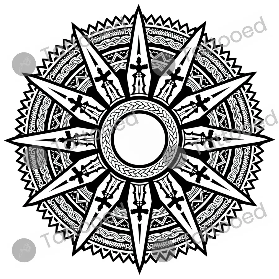 Polynesian Sun Compass, blackwork tattoo flash design