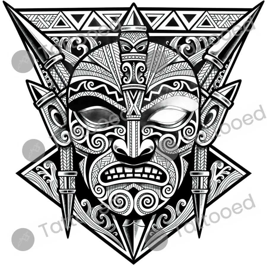 Polynesian Warrior Mask, blackwork tattoo flash design