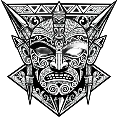 Polynesian Warrior Mask, Blackwork tattoo flash design