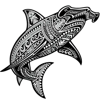 Polynesian Hammerhead Shark, Blackwork tattoo flash design