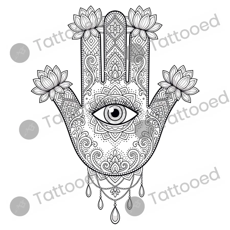 Ornamental Hamsa Hand, fine line tattoo flash design