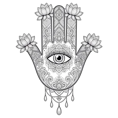 Ornamental Hamsa Hand, Fine Line tattoo flash design