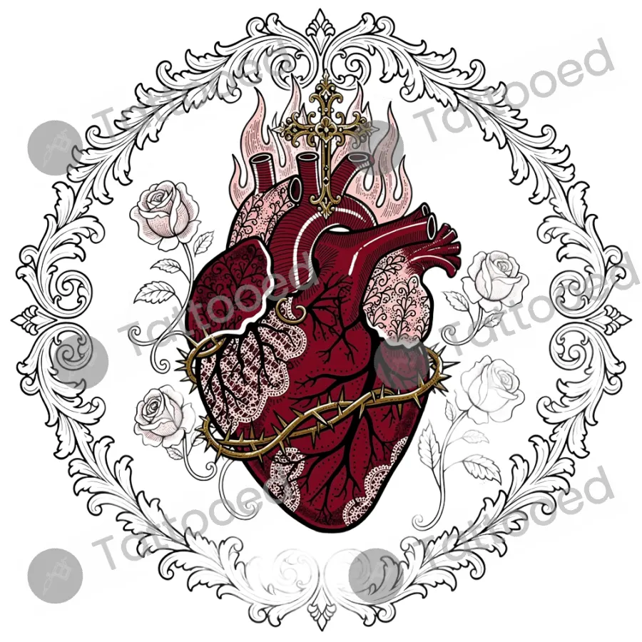Ornamental Sacred Heart, fine line tattoo flash design