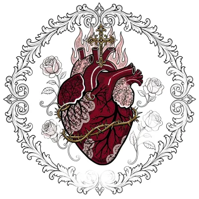Ornamental Sacred Heart, Fine Line tattoo flash design