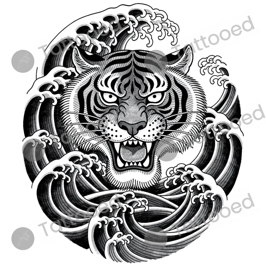 Tiger in Waves, japanese tattoo flash design