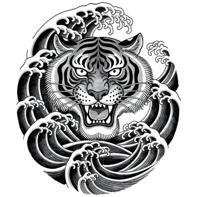 Tiger in Waves tattoo flash design