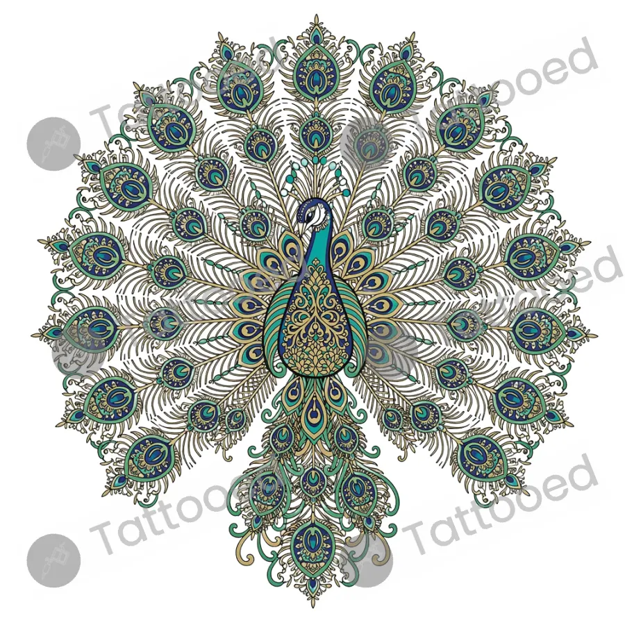 Ornamental Peacock Fan, fine line tattoo flash design