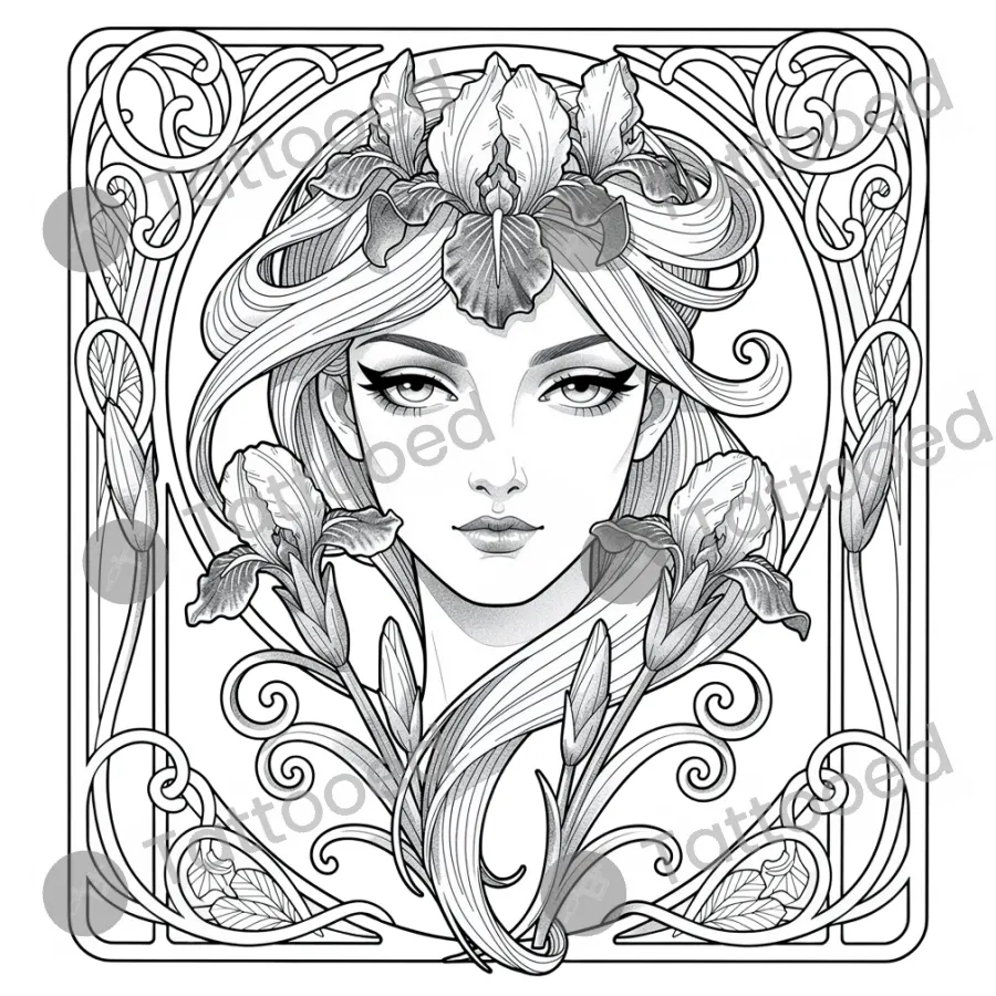 Art Nouveau Floral Woman, fine line tattoo flash design