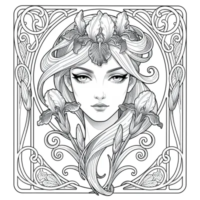 Art Nouveau Floral Woman, Fine Line tattoo flash design