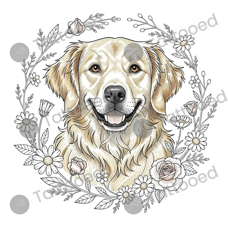 Golden Retriever with Wildflowers, fine line tattoo flash design