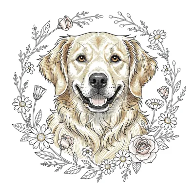 Golden Retriever with Wildflowers, Fine Line tattoo flash design