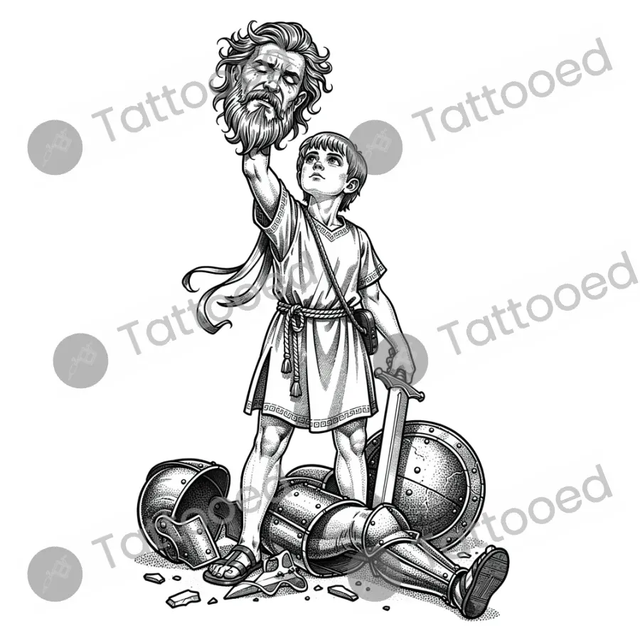 David and Goliath, fine line tattoo flash design