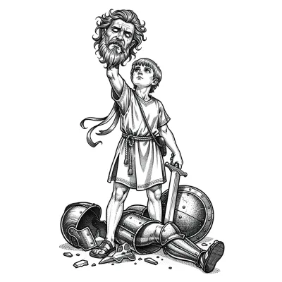 David and Goliath, Fine Line tattoo flash design