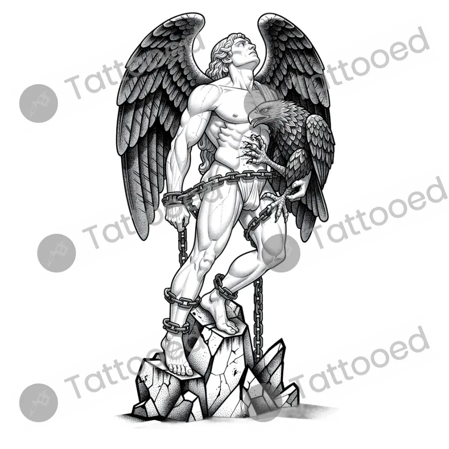 Prometheus Bound, fine line tattoo flash design