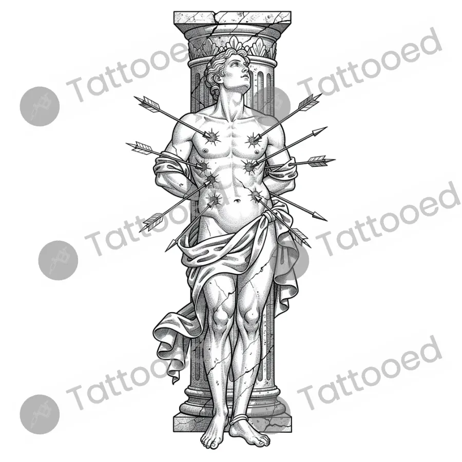 Saint Sebastian with Arrows, fine line tattoo flash design