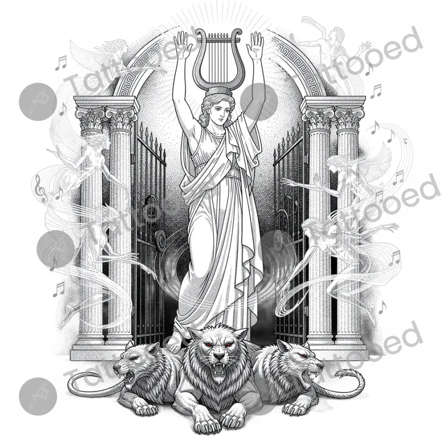Orpheus in the Underworld, fine line tattoo flash design