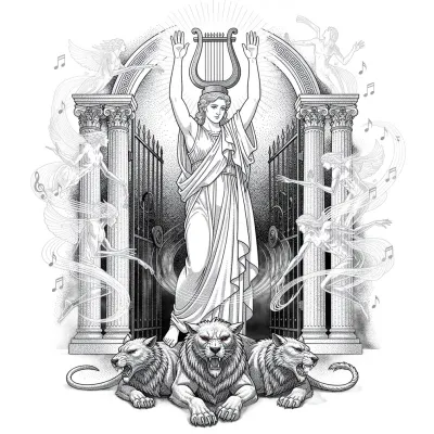 Orpheus in the Underworld, Fine Line tattoo flash design