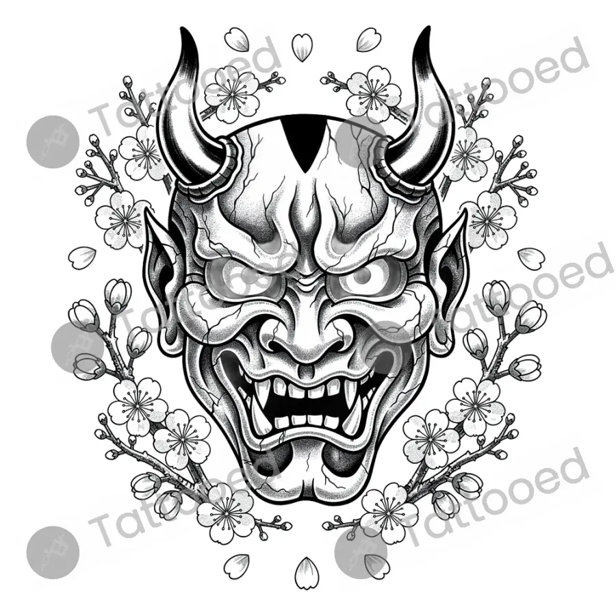 Hannya Mask, blackwork tattoo flash design