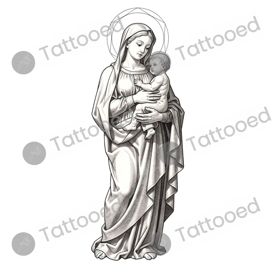 Madonna and Child, fine line tattoo flash design