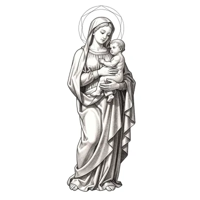 Madonna and Child, Fine Line tattoo flash design