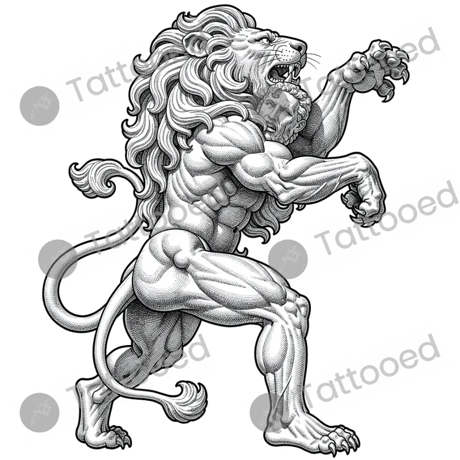 Hercules and the Nemean Lion, fine line tattoo flash design