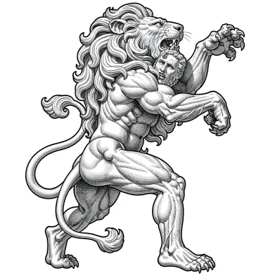 Hercules and the Nemean Lion, Fine Line tattoo flash design