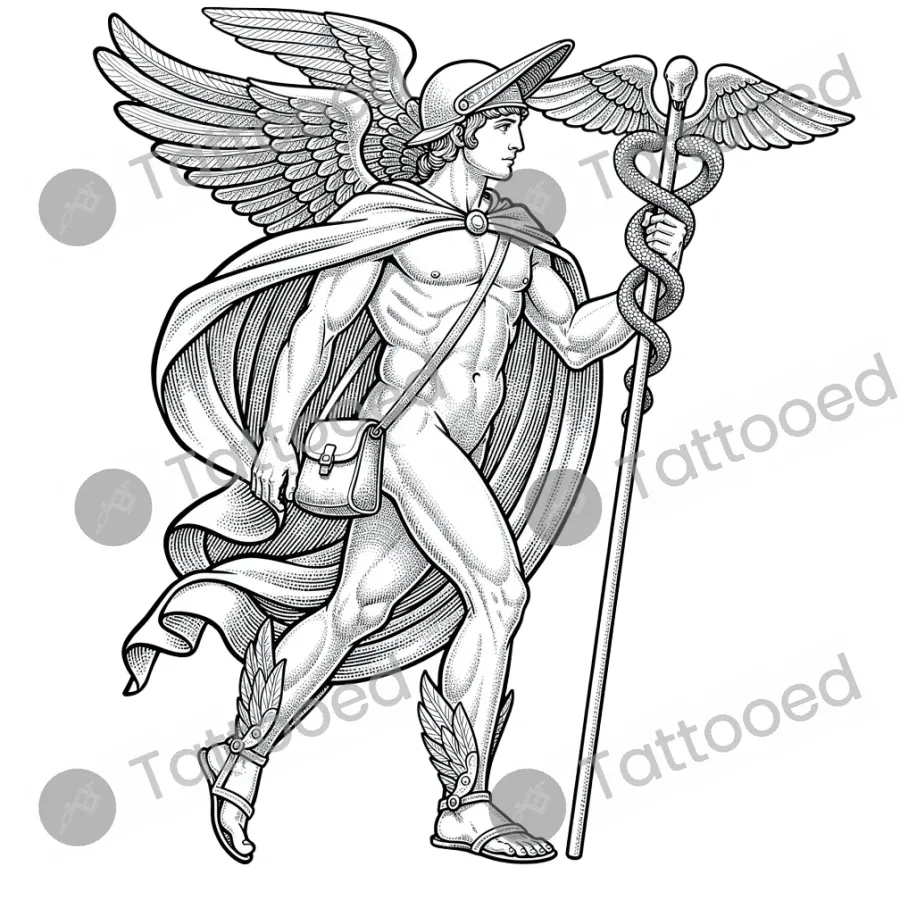 Hermes Mercury with Caduceus, fine line tattoo flash design
