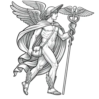Hermes Mercury with Caduceus, Fine Line tattoo flash design
