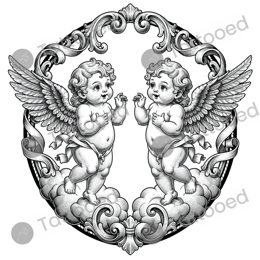Two Baroque Cherubs Engraving, fine line tattoo flash design