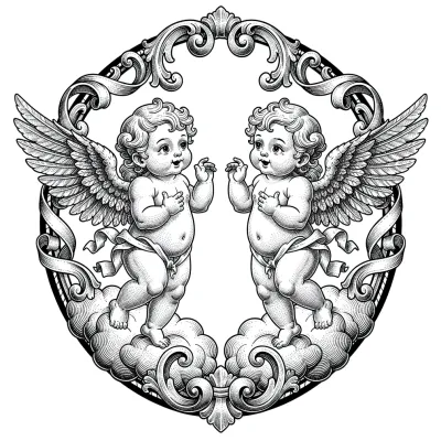 Two Baroque Cherubs Engraving, Fine Line tattoo flash design