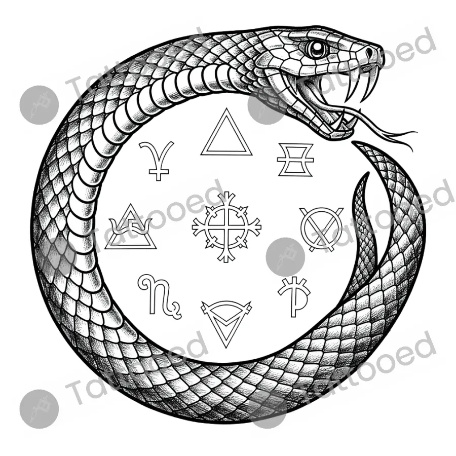 Ouroboros Serpent, fine line tattoo flash design