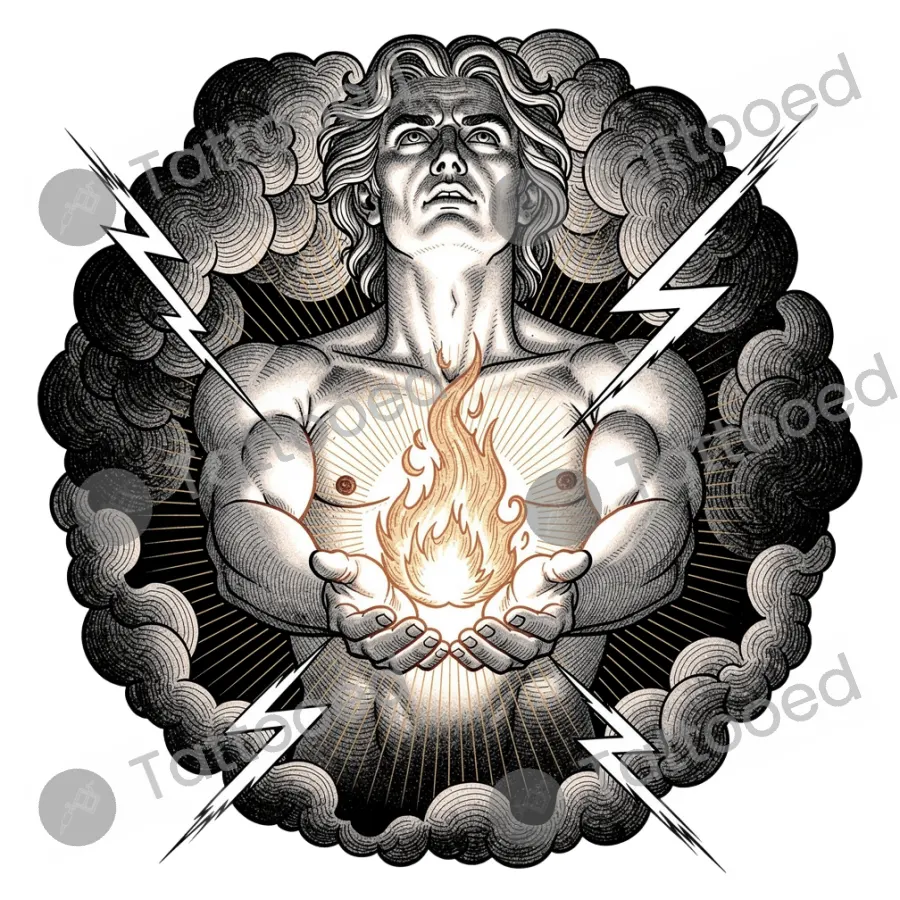 Prometheus Stealing Fire, fine line tattoo flash design