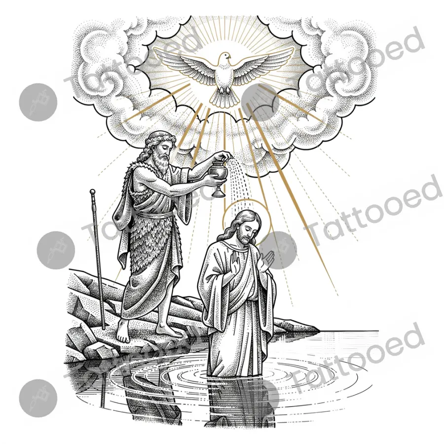 The Baptism of Christ, fine line tattoo flash design