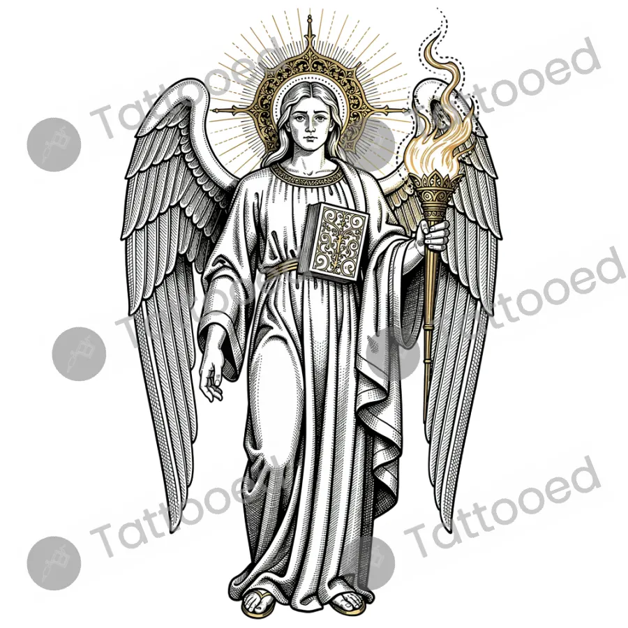 Archangel Uriel with Sacred Flame, fine line tattoo flash design