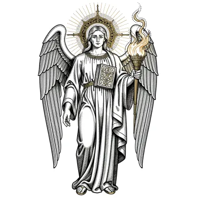Archangel Uriel with Sacred Flame, Fine Line tattoo flash design