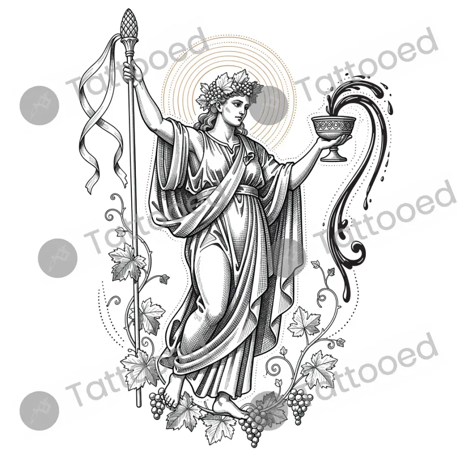 Dionysus God of Ecstasy, fine line tattoo flash design