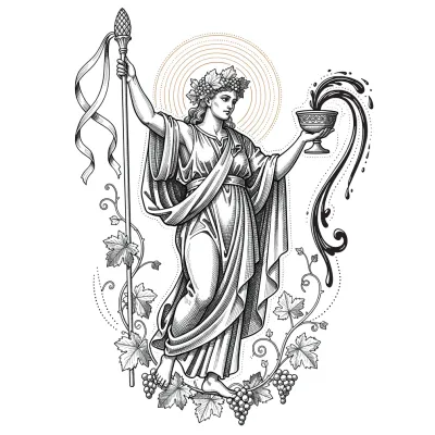 Dionysus God of Ecstasy, Fine Line tattoo flash design