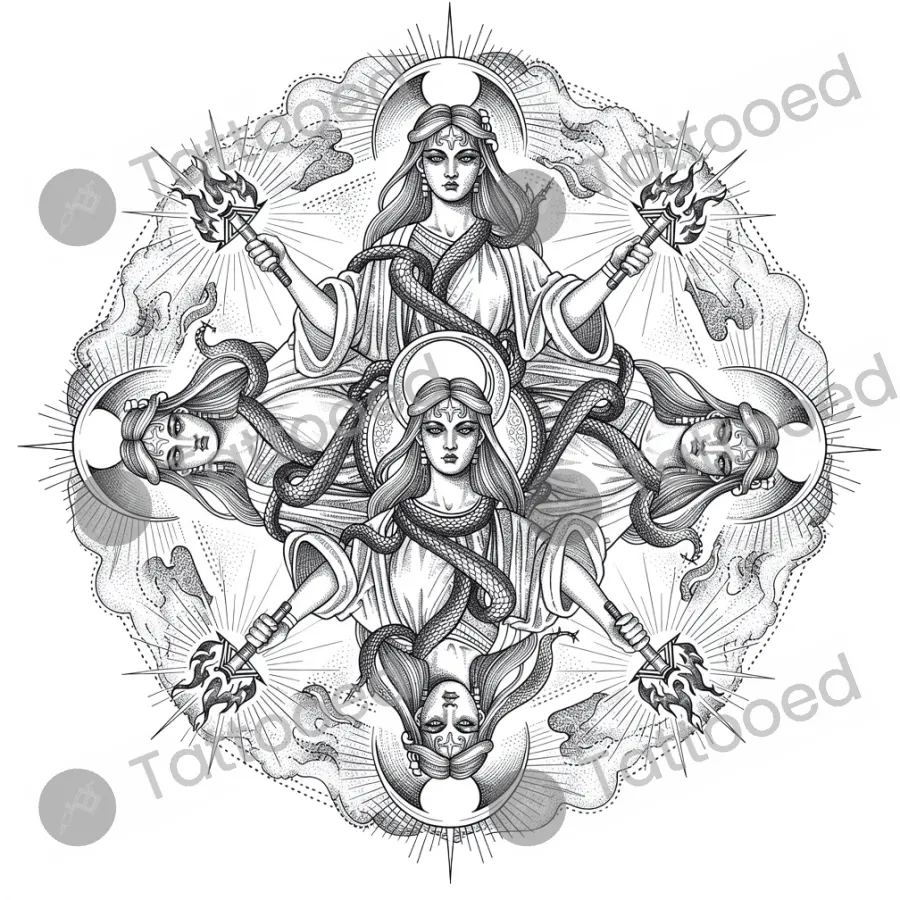 Hecate Triple Goddess of Magic, fine line tattoo flash design
