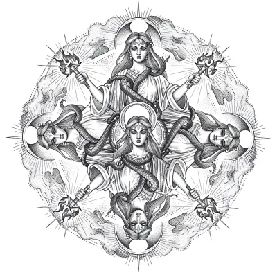 Hecate Triple Goddess of Magic, Fine Line tattoo flash design