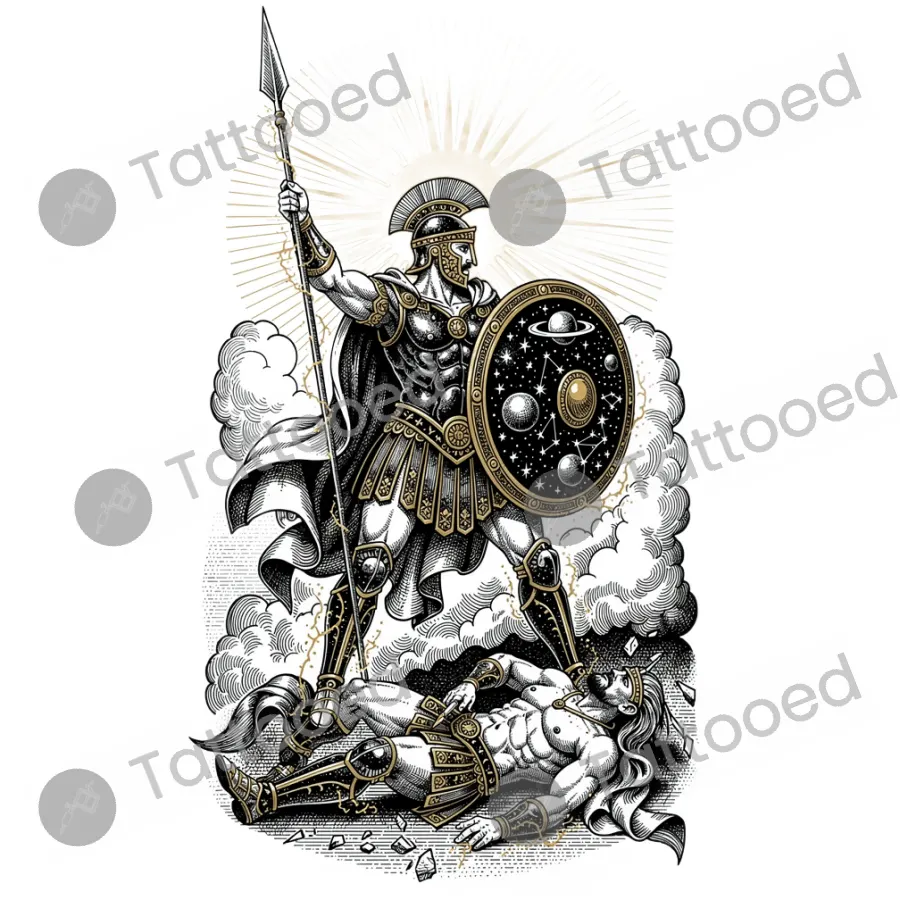 Achilles in Divine Rage, fine line tattoo flash design
