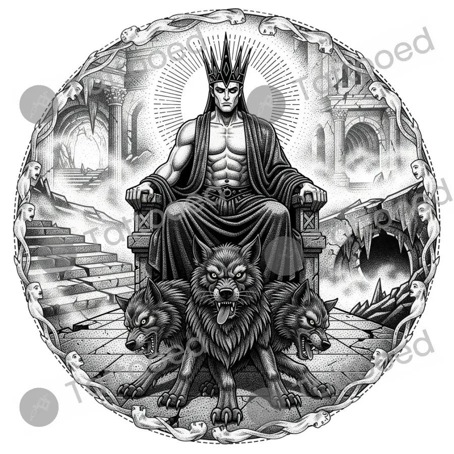 Hades Lord of the Underworld, fine line tattoo flash design