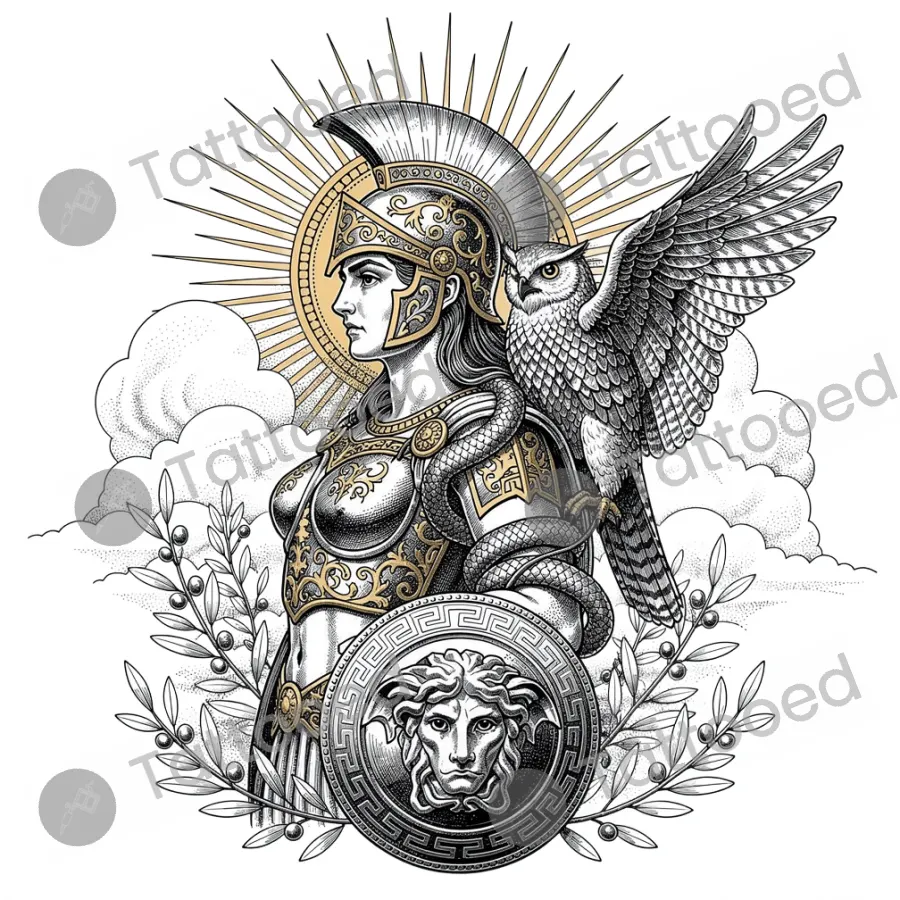 Athena with Owl in Divine Light, fine line tattoo flash design