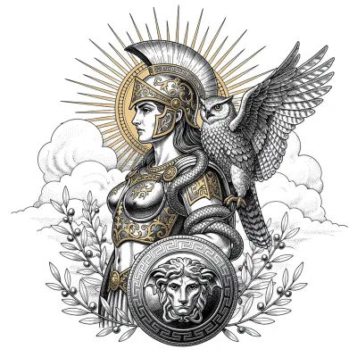 Athena with Owl in Divine Light, Fine Line tattoo flash design