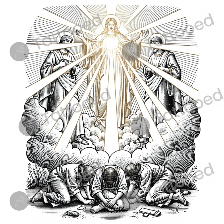 The Transfiguration of Christ, fine line tattoo flash design