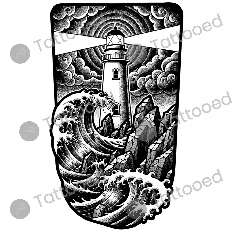 Lighthouse Storm, blackwork tattoo flash design