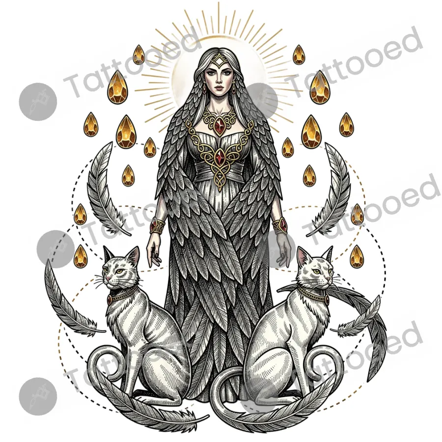 Freya Norse Goddess of Love, fine line tattoo flash design