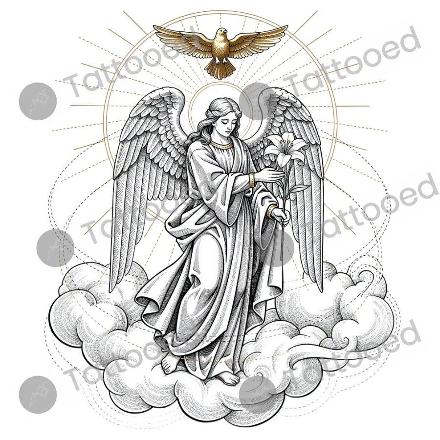 Archangel Gabriel Annunciation, fine line tattoo flash design