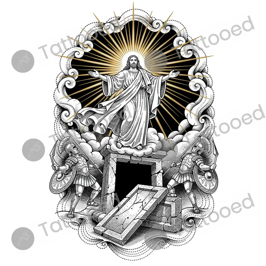 The Resurrection, fine line tattoo flash design